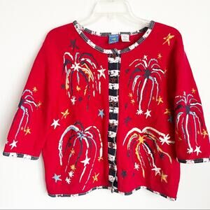 Vintage Firecracker Red White Blue Star Button Down Shirt Jacket Petite Large